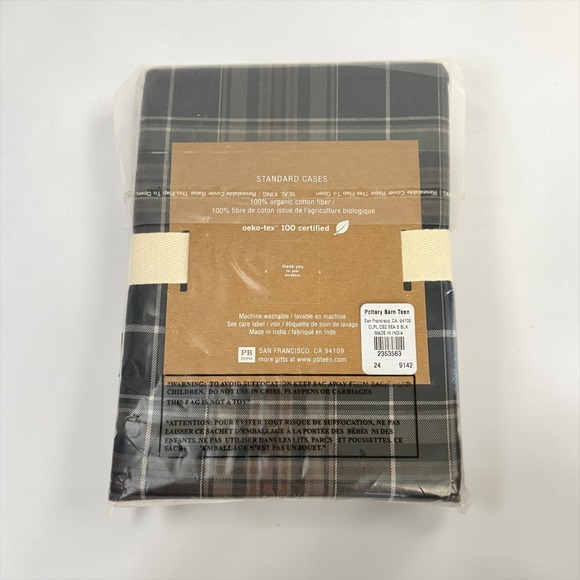 Pottery Barn PBteen Classic Organic Cotton Standard Pillowcases Blue Plaid NEW - Picture 3 of 3